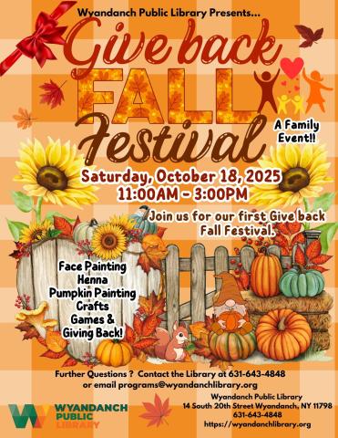 Join us for this year's Giveback Fall Festival ...Face Painting, Henna , Pumpkin Painting and more. Lots of prizes and goodies for everyone. 
